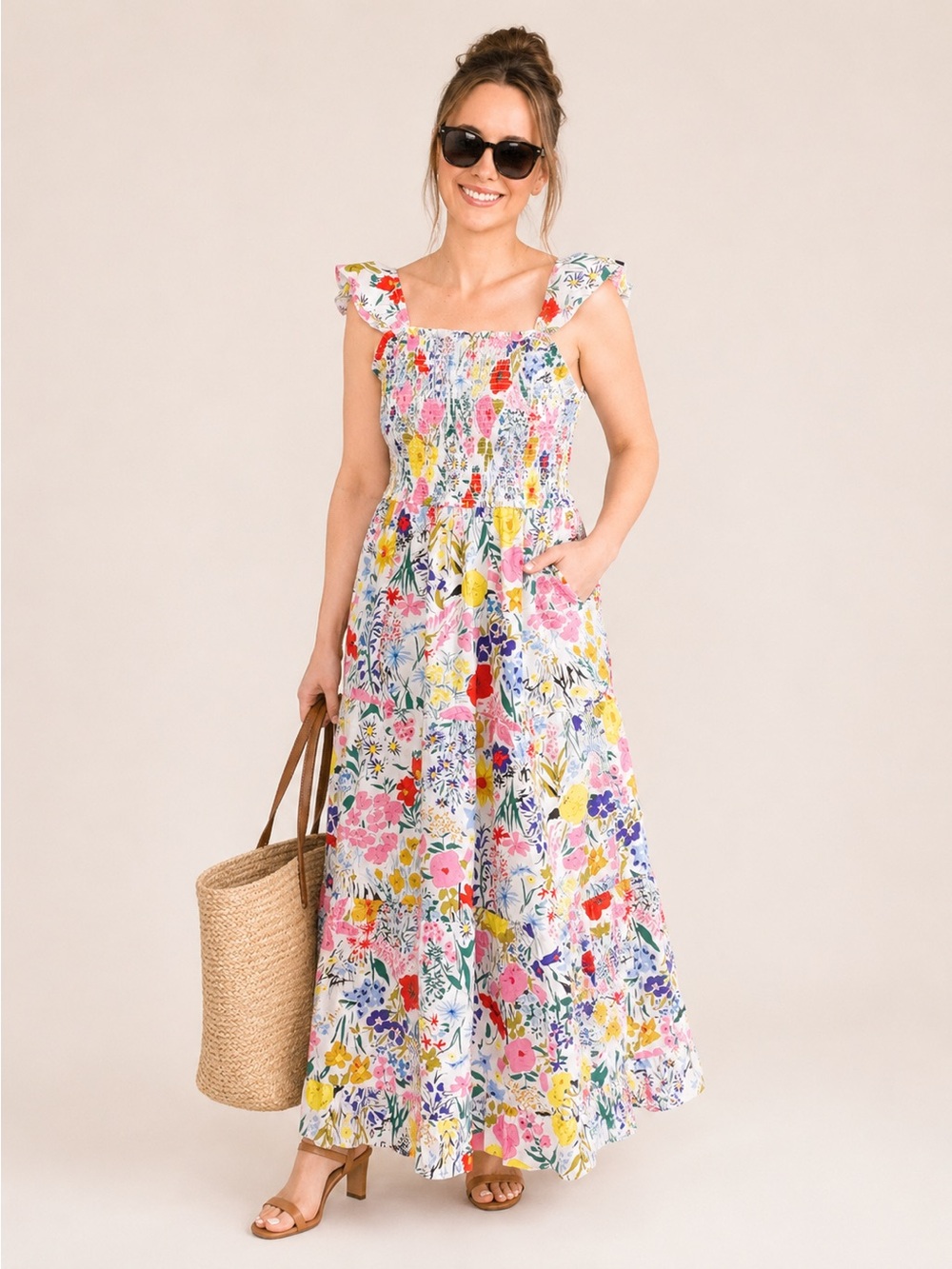 THML White Floral Maxi Dress with Pink, Yellow & Green Print
